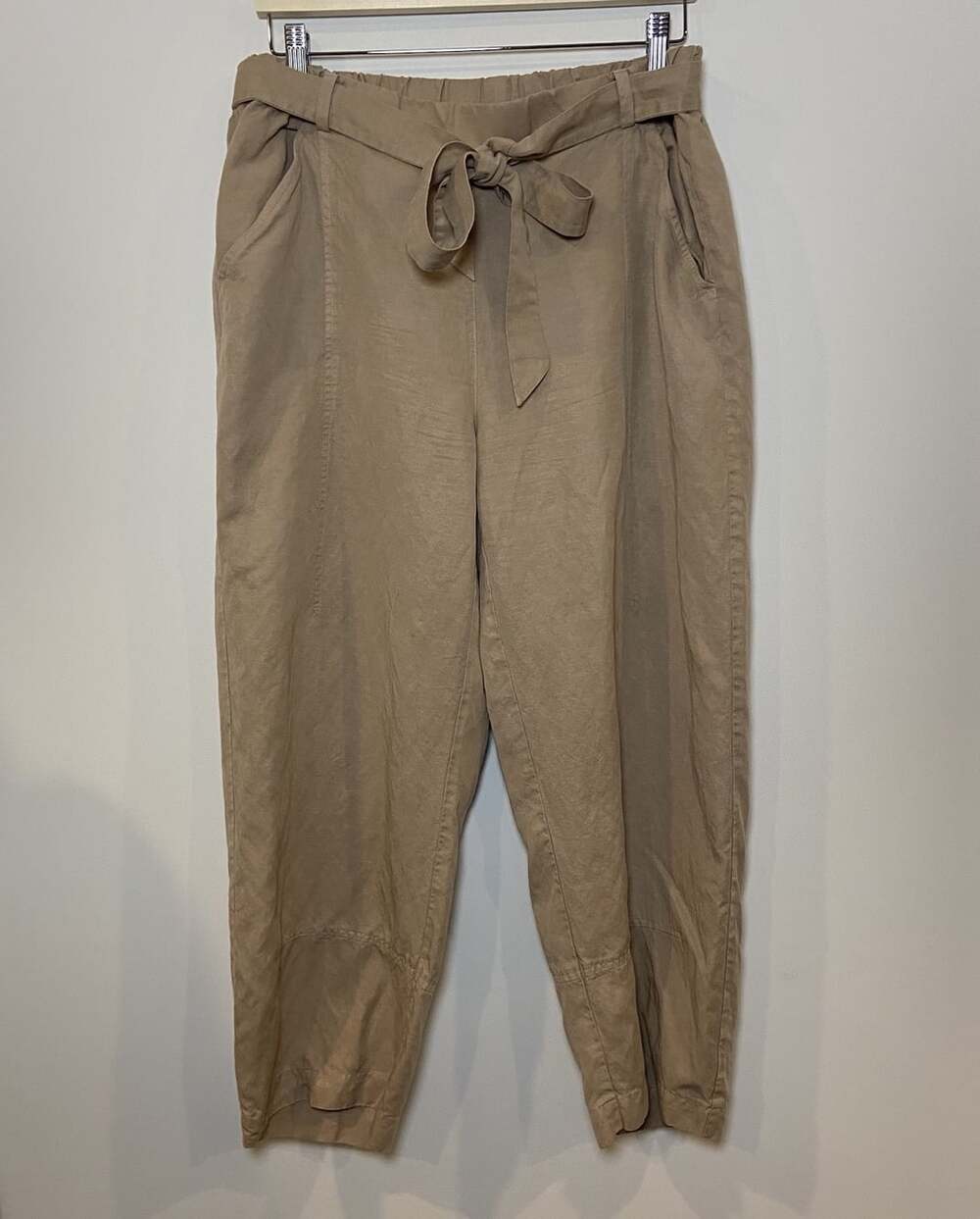 Eileen Fisher Pants Tapered Leg Tie Waist Lyocell Linen Tan Medium M
